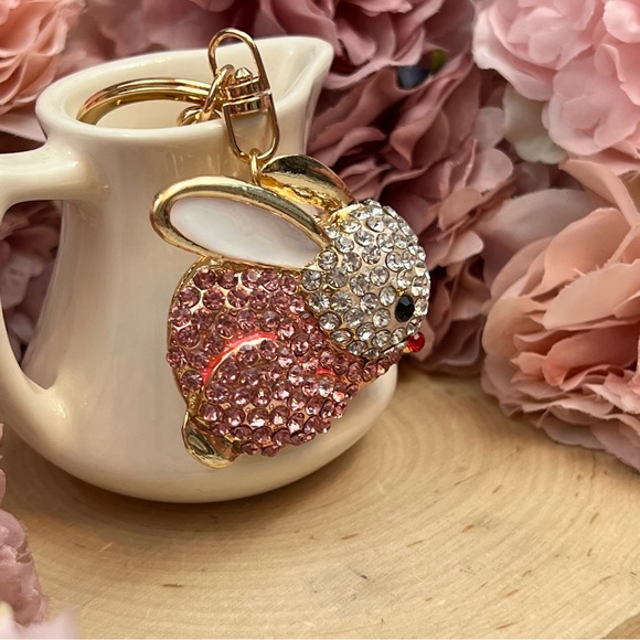 Pale Pink and Silver Crystal Bunny Rabbit Keychain Charm - Picture 4 of 12